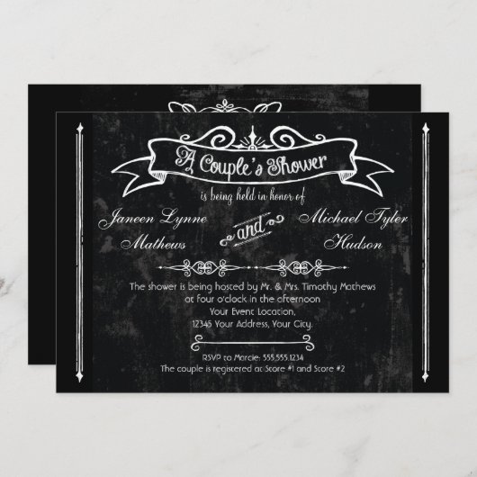Chalkboard Style Rustic Swirl Couples Shower Kaart (Voorkant / Achterkant)