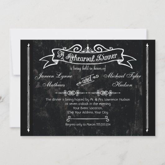 Chalkboard Style Rustic Swirl Rehearsal Dinner Kaart (Voorkant)