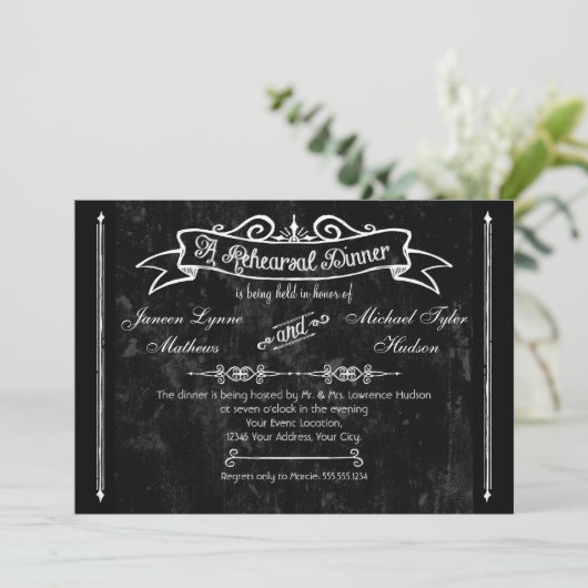 Chalkboard Style Rustic Swirl Rehearsal Dinner Kaart (Staand voorkant)