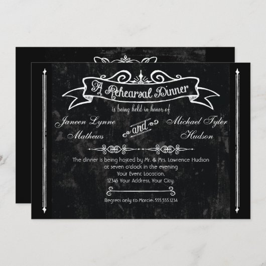 Chalkboard Style Rustic Swirl Rehearsal Dinner Kaart (Voorkant / Achterkant)