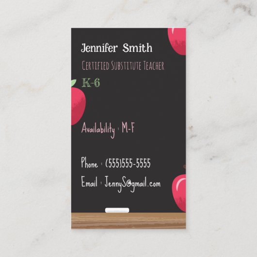Chalkboard Sub Teacher Verticaal Contact Kaarten Visitekaartje (Achterkant)