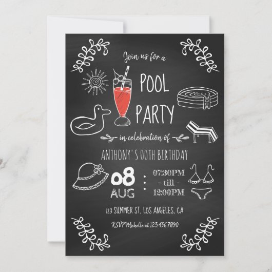 Chalkboard Summer Pool Birthday Party Invitation Kaart (Voorkant)