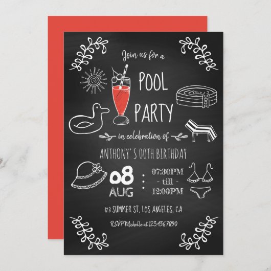 Chalkboard Summer Pool Birthday Party Invitation Kaart (Voorkant / Achterkant)