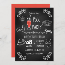 Chalkboard Summer Pool Birthday Party Invitation Kaart