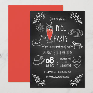 Chalkboard Summer Pool Birthday Party Invitation Kaart
