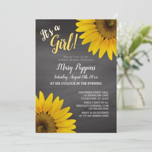 Chalkboard Sunflower Garden Girl Baby shower Kaart (Staand voorkant)