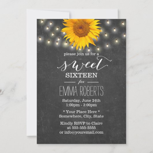 Chalkboard Sunflower & String Lights Sweet 16 Kaart (Voorkant)