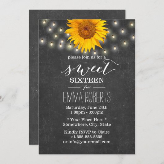 Chalkboard Sunflower & String Lights Sweet 16 Kaart (Voorkant / Achterkant)