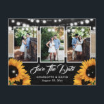 Chalkboard Sunflower Wedding Photo Save The Date Aankondigingskaart<br><div class="desc">Rustic black floral wedding photo save the date postcard featuring sunflowers,  string lights,  burlap and lace on a black chalkboard.</div>