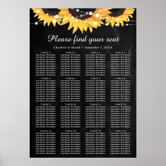 Chalkboard Sunflower Wedding Seating Chart 16 Poster (Voorkant)
