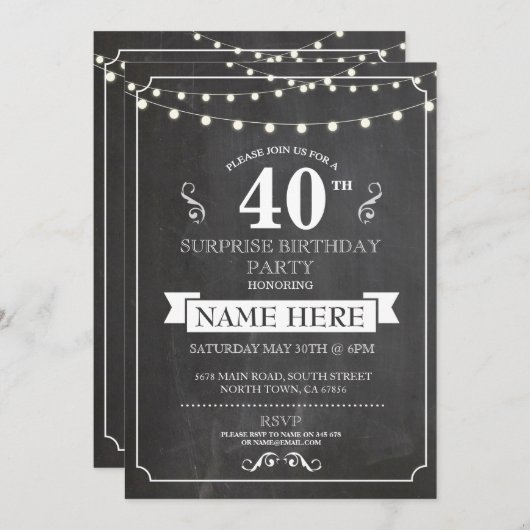 Chalkboard Surprise Birthday Party 40th Invite Kaart (Voorkant / Achterkant)