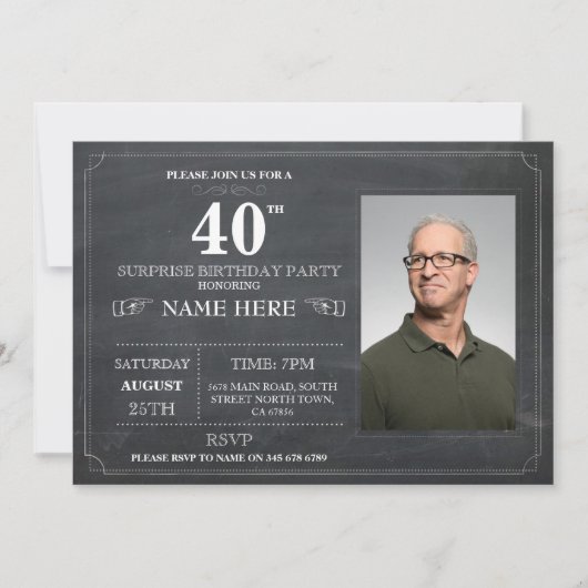 Chalkboard Surprise Birthday Party 40th Invite Kaart (Voorkant)