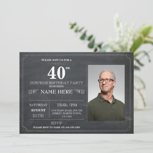 Chalkboard Surprise Birthday Party 40th Invite Kaart (Staand voorkant)