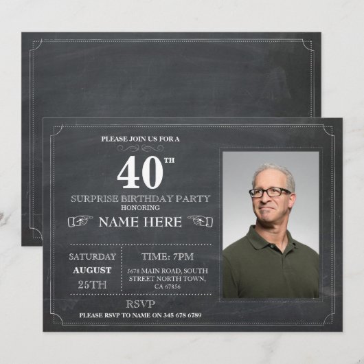 Chalkboard Surprise Birthday Party 40th Invite Kaart (Voorkant / Achterkant)