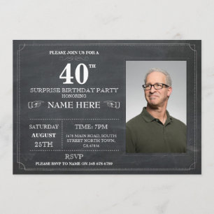 Chalkboard Surprise Birthday Party 40th Invite Kaart