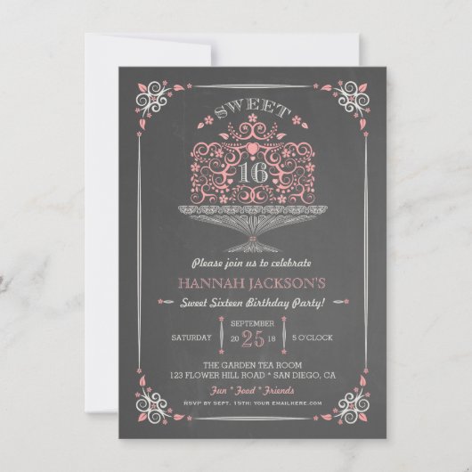 Chalkboard Sweet Sixteen Lacy Cake Invitation Kaart (Voorkant)