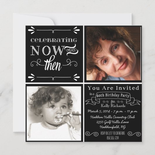 Chalkboard Swirls 60th Birthday Photo Invitation Kaart (Voorkant)