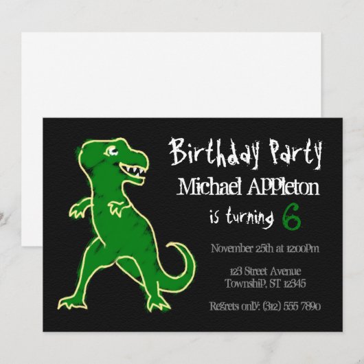 Chalkboard T-Rex Dinosaur Birthday Invitations Kaart (Voorkant / Achterkant)
