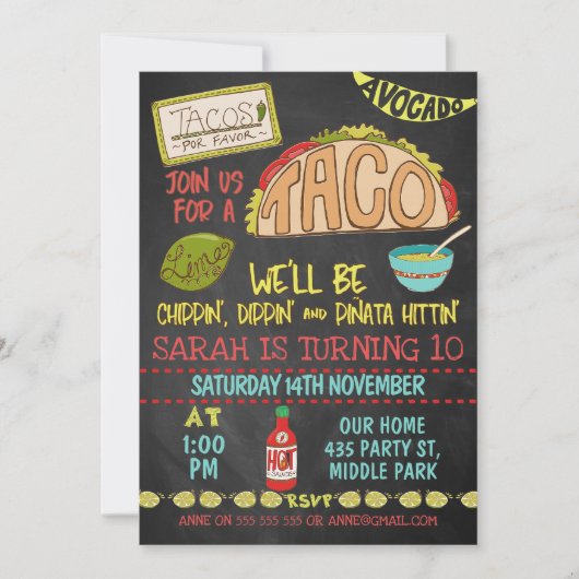 Chalkboard Taco Chippin Dippin Birthday Uitnodigin Kaart (Voorkant)