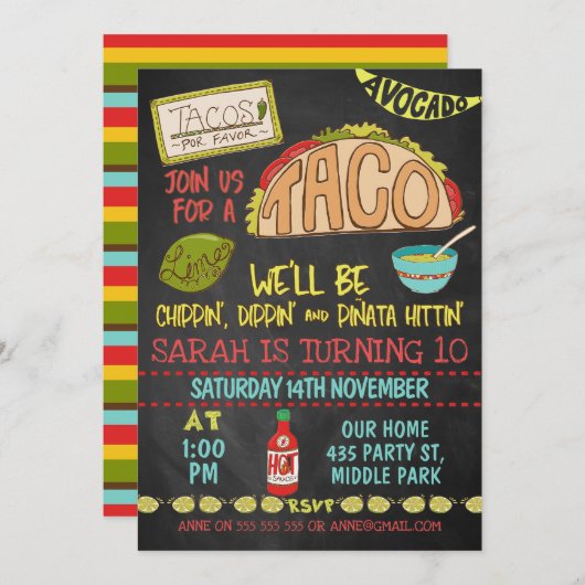 Chalkboard Taco Chippin Dippin Birthday Uitnodigin Kaart (Voorkant / Achterkant)