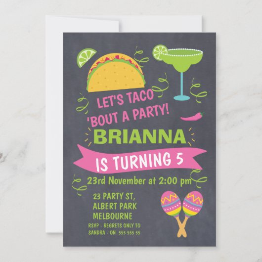 Chalkboard Taco Fiesta verjaardagsuitnodiging Kaart (Voorkant)