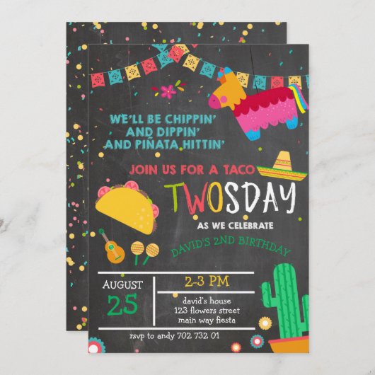 Chalkboard Taco Twosday Pinata Fiesta 2e verjaarda Kaart (Voorkant / Achterkant)