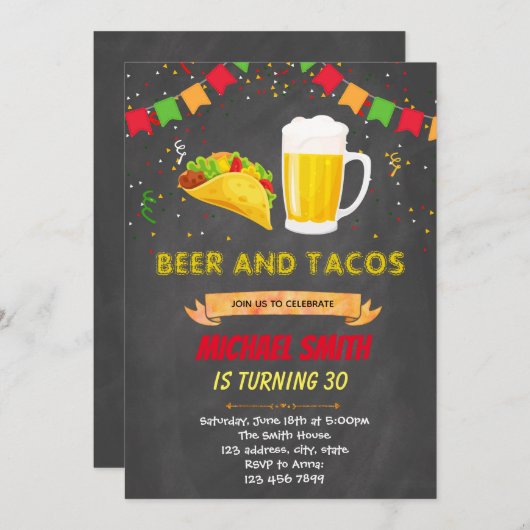 Chalkboard tacos beer verjaardagsuitnodiging kaart (Voorkant / Achterkant)