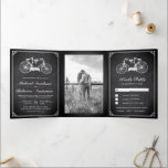 Chalkboard Tandem Bicycle Weddenfoto Drieluik Uitnodiging<br><div class="desc">Verrijk uw gasten met deze elegant allemaal in één bruiloft-uitnodiging die voorzien is van een prachtige fiets op een bord achtergrond met afneembare RSVP-kaart. Voeg eenvoudig uw gebeurtenisdetails op deze makkelijk te gebruiken sjabloon toe en voeg deze kaart met uw favoriete foto's toe om het een unieke gepersonaliseerde één-van-een-soort uitnodiging...</div>