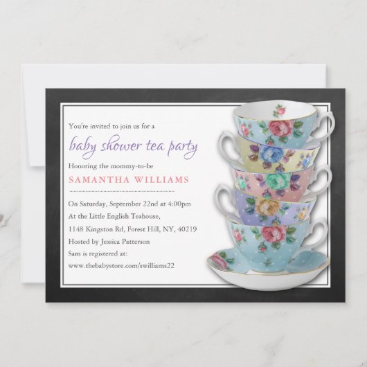 Chalkboard Teacups Baby shower Tea Party Kaart (Voorkant)