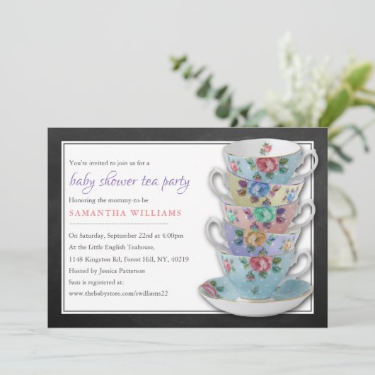 Chalkboard Teacups Baby shower Tea Party Kaart (Staand voorkant)