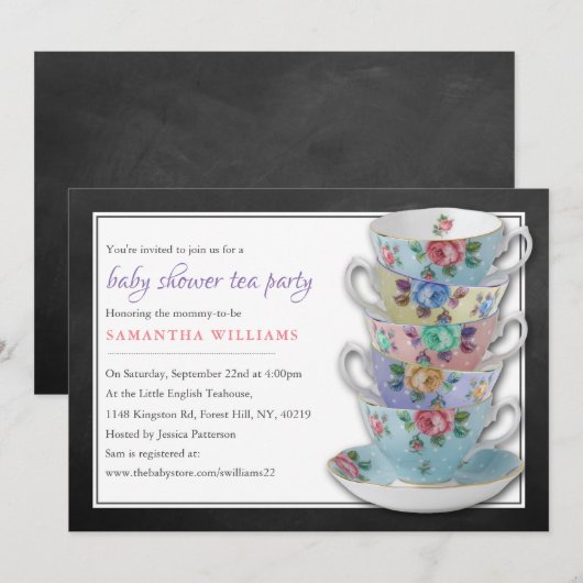 Chalkboard Teacups Baby shower Tea Party Kaart (Voorkant / Achterkant)