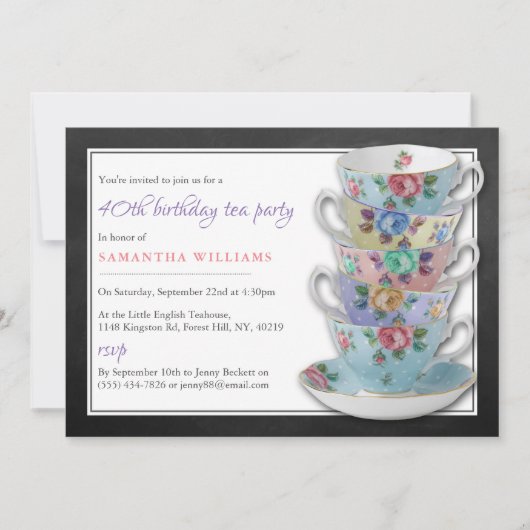 Chalkboard Teacups Birthday Tea Party Kaart (Voorkant)