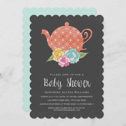 Chalkboard Teapot Baby shower Invitation Kaart (Voorkant / Achterkant)
