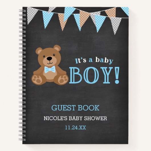 Chalkboard Teddy Bear Boy Baby shower Guest Book Notitieboek (Voorkant)