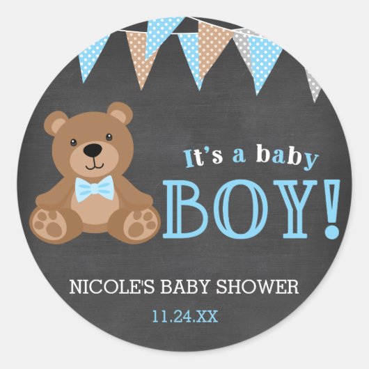 Chalkboard Teddy Bear Boy Baby shower Ronde Sticker (Voorkant)