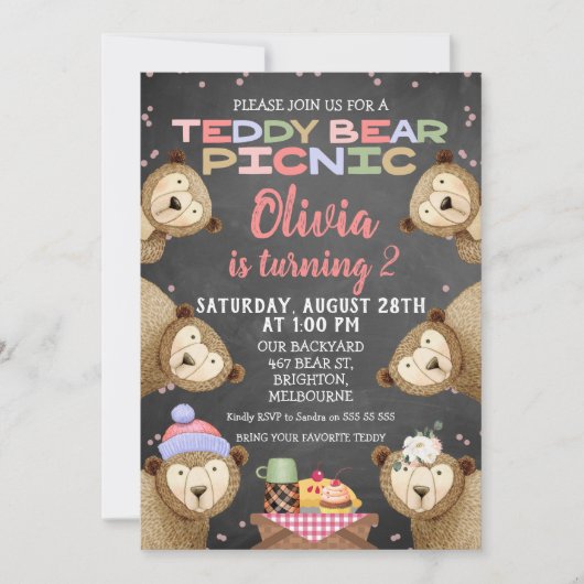 Chalkboard Teddy Bear Picnic Birthday Uitnodiging (Voorkant)