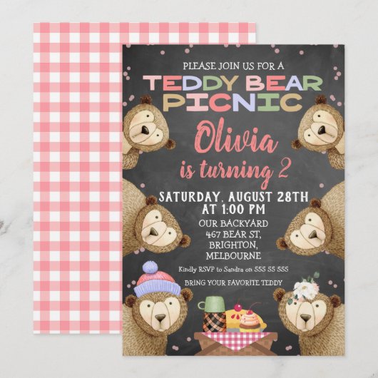 Chalkboard Teddy Bear Picnic Birthday Uitnodiging (Voorkant / Achterkant)