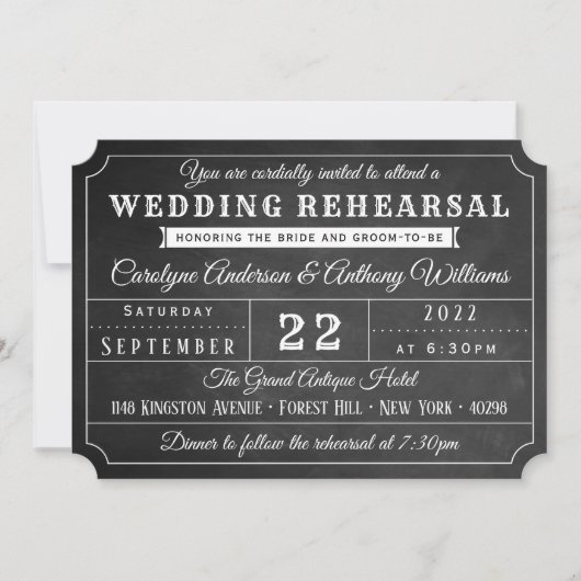 Chalkboard Ticket Wedding Rehearsal Dinner Kaart (Voorkant)