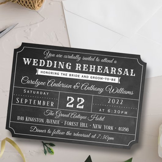 Chalkboard Ticket Wedding Rehearsal Dinner Kaart