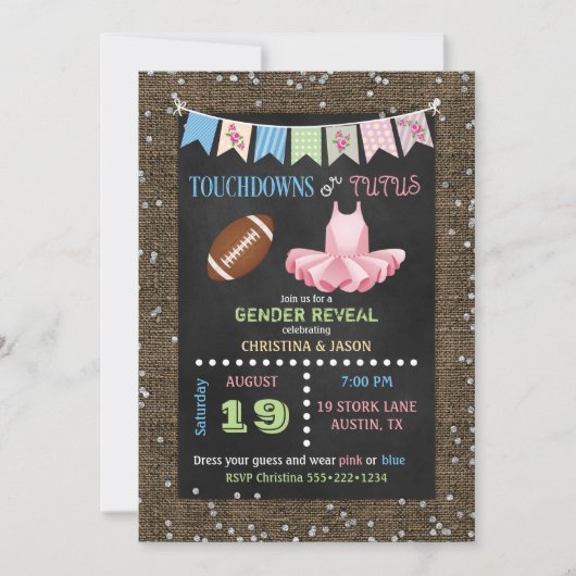 Chalkboard Touchdowns of Tutus Gender Reveal Kaart (Voorkant)