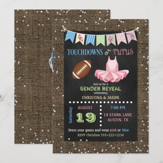 Chalkboard Touchdowns of Tutus Gender Reveal Kaart (Voorkant / Achterkant)