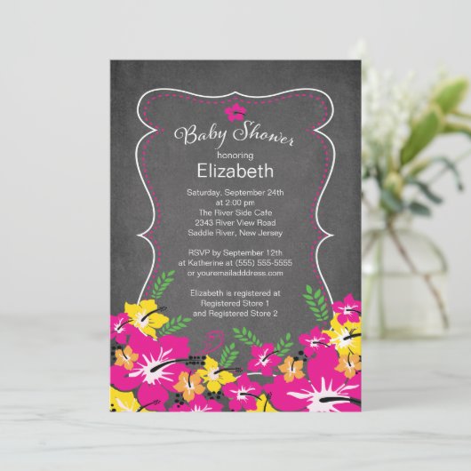 Chalkboard Tropical Hibiscus Flowers Baby shower Kaart (Staand voorkant)