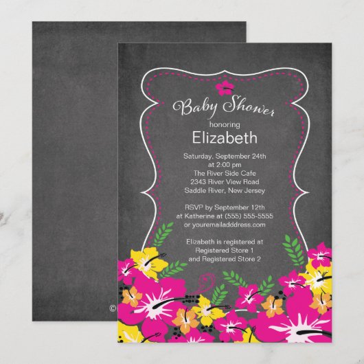 Chalkboard Tropical Hibiscus Flowers Baby shower Kaart (Voorkant / Achterkant)