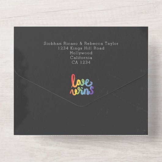 Chalkboard trouwdoedelen harten Mrs. en Mrs. All In One Uitnodiging (Achterkant)