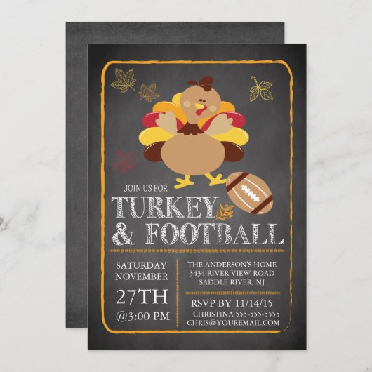 Chalkboard Turkije Football Thanksgiving Uitnodigi Kaart (Voorkant / Achterkant)