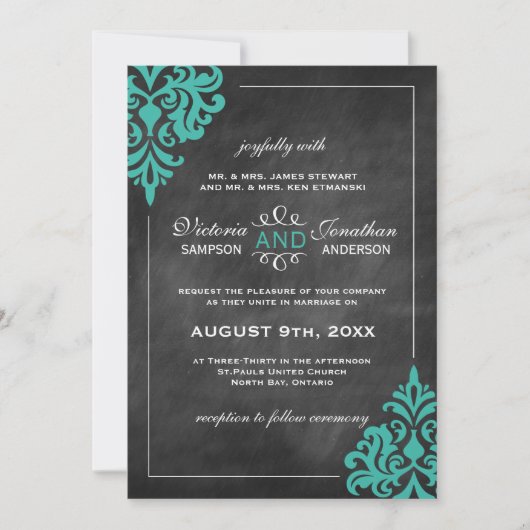 Chalkboard turquoise Damask bruiloft uitnodigingen (Voorkant)