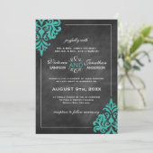 Chalkboard turquoise Damask bruiloft uitnodigingen (Staand voorkant)