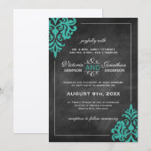 Chalkboard turquoise Damask bruiloft uitnodigingen (Voorkant / Achterkant)