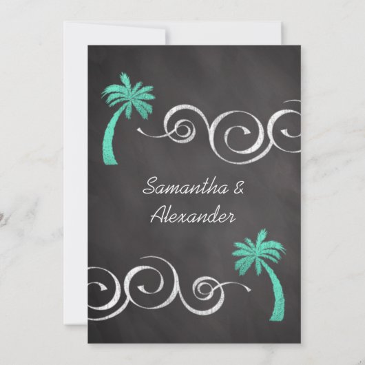 Chalkboard Turquoise Palm Tree Beach Bruiloft Kaart (Achterkant)