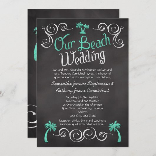 Chalkboard Turquoise Palm Tree Beach Bruiloft Kaart (Voorkant / Achterkant)